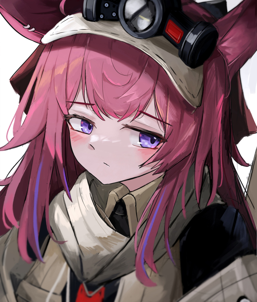 1girl animal_ears arknights blush closed_mouth commentary_request headlamp highres kari90909 long_hair looking_at_viewer looking_to_the_side purple_eyes purple_hair ray_(arknights) solo upper_body visor_cap white_background