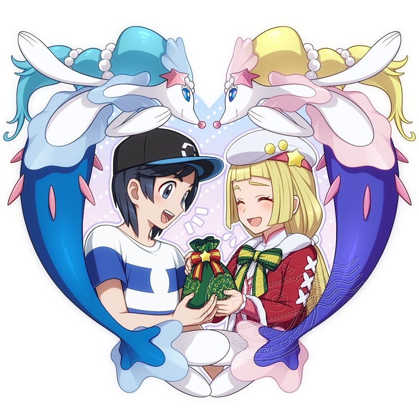 1boy 1girl alternate_color black_eyes black_hair black_hat blonde_hair closed_eyes creatures_(company) elio_(pokemon) game_freak gen_7_pokemon gift hat heart highres hiyori_(rindou66) holding holding_gift lillie_(holiday_2024)_(pokemon) lillie_(pokemon) long_hair long_sleeves nintendo official_alternate_costume open_mouth pokemon pokemon_(creature) pokemon_masters_ex pokemon_sm primarina shiny_pokemon shirt short_hair short_sleeves teeth upper_body white_hat