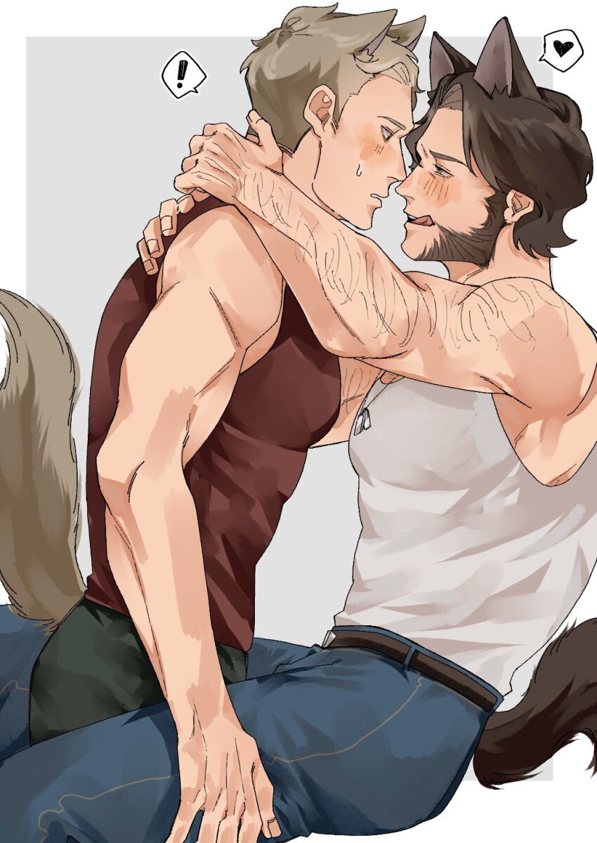 ! 2boys :q animal_ears arm_hair belt blue_pants blush brown_hair cat_boy cat_ears cat_tail commentary_request deadpool dog_boy dog_ears dog_tags dog_tail eye_contact facial_hair green_eyes heart highres imminent_kiss large_pectorals licking_lips light_brown_hair looking_at_another male_focus marvel multiple_boys muscular muscular_male open_mouth pants pectorals short_hair sitting sleeveless spoken_exclamation_mark spoken_heart sweatdrop tail tank_top tongue tongue_out wolverine_(x-men) wonpese x-men x-men_film_series x-men_origins:_wolverine yaoi