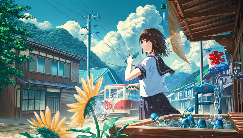 1girl awning black_eyes black_hair blue_skirt blue_sky bottle cloud cloudy_sky commentary_request cumulonimbus_cloud day faucet flower food highres holding holding_bottle holding_hose hose house ice_shaver kooribata looking_at_viewer original outdoors power_lines railroad_tracks ramune scenery school_uniform serafuku shaved_ice shirt short_hair short_sleeves skirt sky solo streetcar sugi87 summer tree utility_pole water white_shirt wind_chime yellow_flower