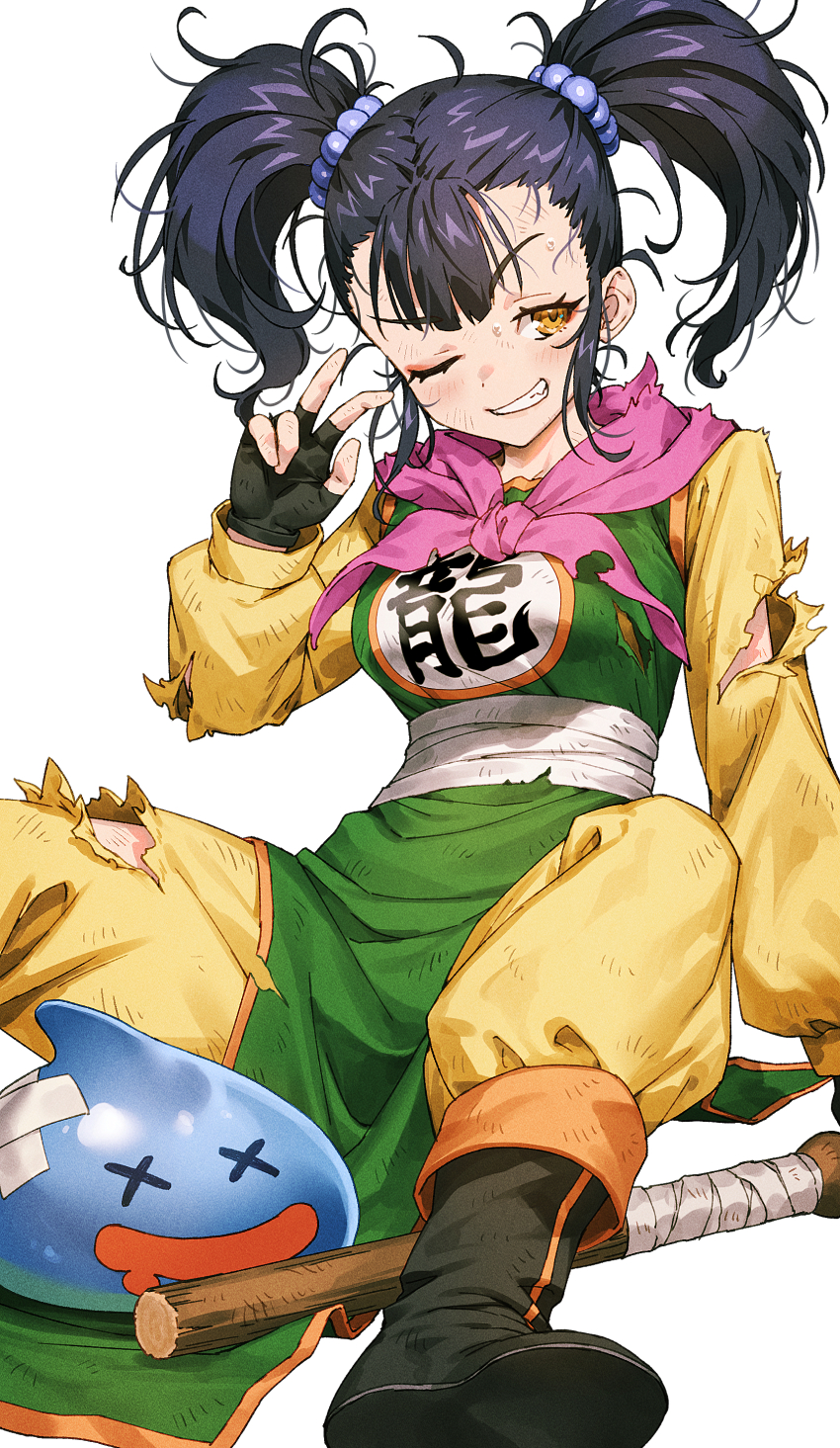 1girl absurdres after_battle black_hair boots chyko dragon_quest dragon_quest_iii fighter_(dq3) fingerless_gloves gloves highres light_blush looking_at_viewer messy_hair scarf sitting slime_(dragon_quest) smile stick torn_clothes twintails v x_x