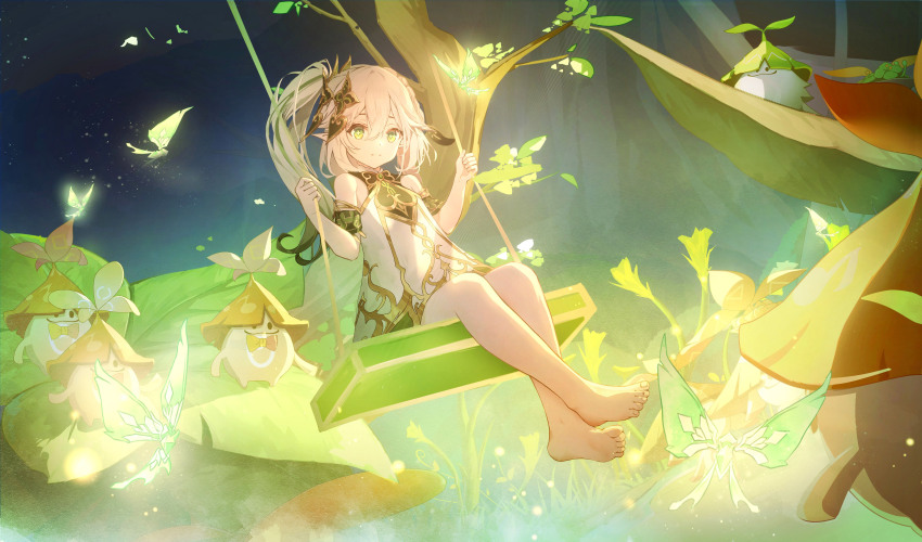 1girl absurdres aranara_(genshin_impact) bare_shoulders barefoot closed_mouth commentary crystalfly_(genshin_impact) detached_sleeves dress feet full_body genshin_impact gold_trim green_eyes green_hair green_sleeves h1910984490 hair_between_eyes highres light_smile long_hair looking_at_viewer multicolored_hair nahida_(genshin_impact) pointy_ears side_ponytail sitting sleeveless sleeveless_dress solo streaked_hair swing symbol-shaped_pupils toenails white_dress white_hair