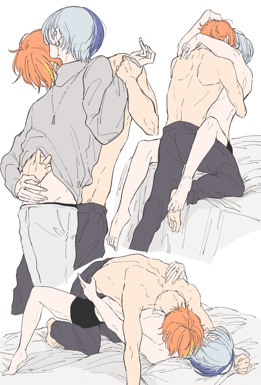 2boys aoyagi_touya arched_back arms_behind_head bed bed_sheet blue_hair boxers hand_on_another&#039;s_hip highres holding_hands hug kiss male_focus male_underwear multicolored_hair multiple_boys on_bed orange_hair pants project_sekai sgr_at shinonome_akito sweatpants topless_male underwear undressing yaoi