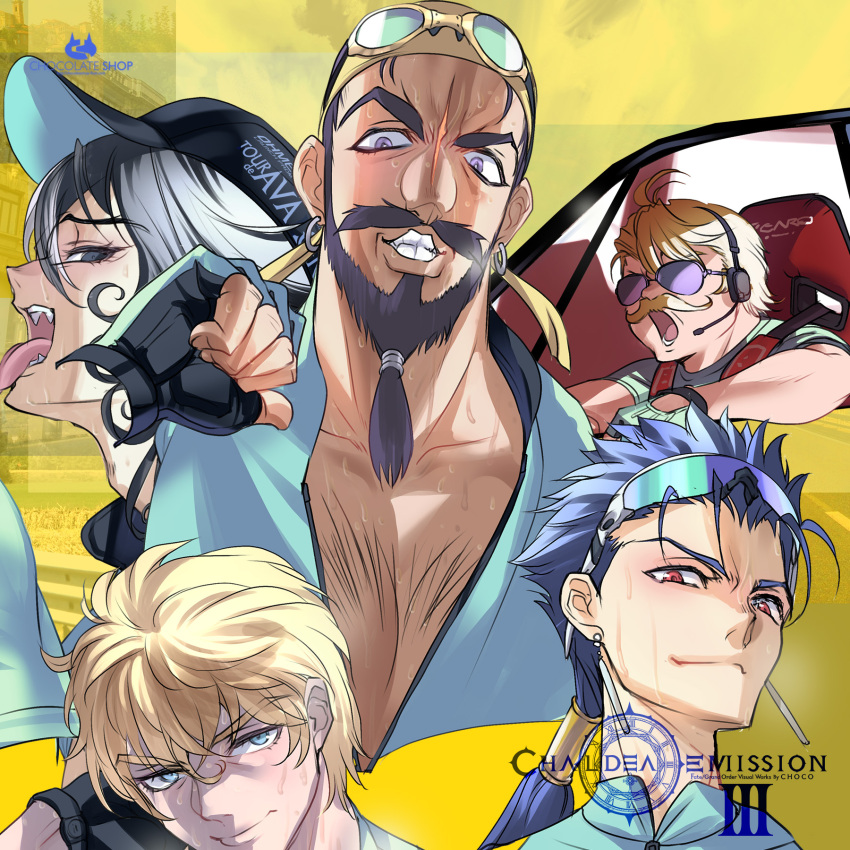 5boys artist_name ashiya_douman_(fate) bandana baseball_cap beard black_hair blonde_hair blue_eyes blue_hair chest_hair choco_(chocolate_shop) cropped_torso cu_chulainn_(fate) earrings edward_teach_(fate) eyewear_on_head facial_hair fangs fate/grand_order fate_(series) fingerless_gloves gawain_(fate) gloves goggles goggles_on_head goredolf_musik hair_between_eyes handlebar_mustache hashtag-only_commentary hat headset highres jewelry long_hair looking_at_viewer male_focus multicolored_hair multiple_boys mustache open_mouth pectorals ponytail purple-tinted_eyewear purple_eyes red_eyes seatbelt short_hair simple_background sunglasses sweat tinted_eyewear tongue tongue_out two-tone_hair upper_body yellow_background