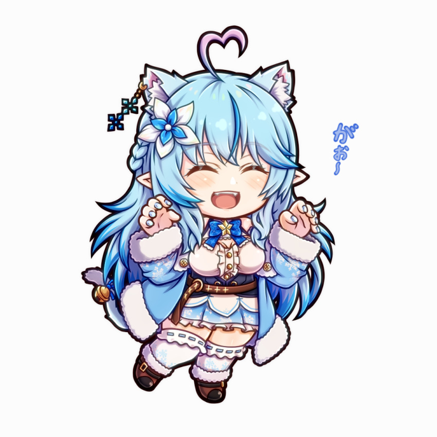 1girl :d ^_^ ahoge animal_ear_fluff animal_ears bell belt blouse blue_bow blue_bowtie blue_hair blue_nails blue_skirt blush boots bow bowtie braid brown_belt brown_footwear cat_ears cat_girl cat_tail center_frills chibi claw_pose closed_eyes colored_tips elf fingernails flower frilled_shirt frilled_skirt frills full_body fur-trimmed_boots fur_trim hair_between_eyes hair_flower hair_ornament half_updo heart heart_ahoge hololive leather_belt long_hair miloku miniskirt multicolored_hair nail_polish open_mouth pleated_skirt pointy_ears shirt simple_background skirt smile snowflake_hair_ornament solo standing standing_on_one_leg streaked_hair tail tail_bell tail_ornament very_long_hair virtual_youtuber white_background white_legwear white_shirt yellow_eyes yukihana_lamy |d