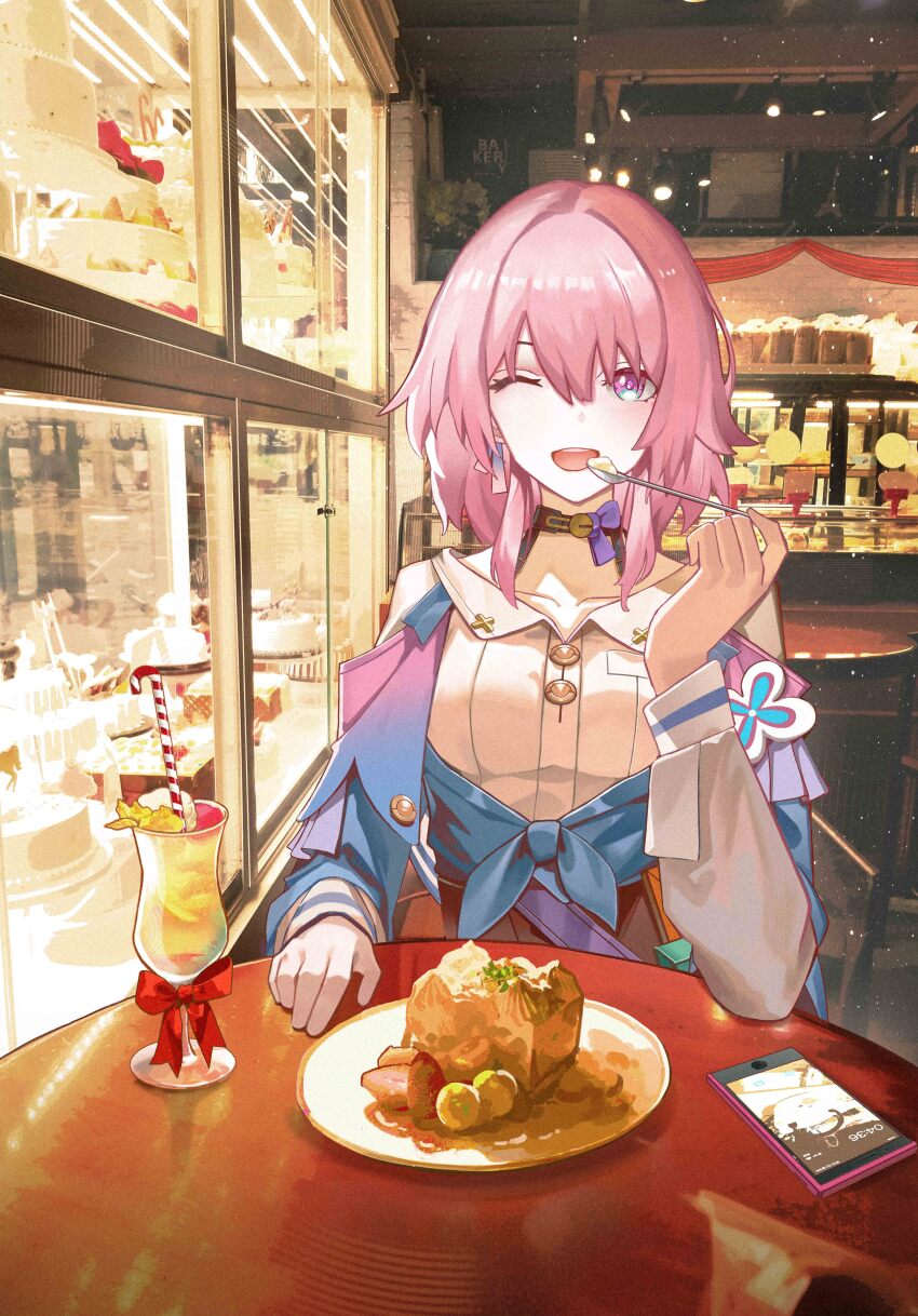 1girl absurdres bakery black_choker blue_jacket breasts cake candy candy_cane cellphone choker collared_shirt commentary_request cup display_case drinking_glass earrings food gradient_clothes gradient_jacket highres holding holding_spoon honkai:_star_rail honkai_(series) indoors jacket jewelry large_breasts looking_at_viewer march_7th_(honkai:_star_rail) march_7th_(preservation)_(honkai:_star_rail) mogamigawa_(mwft8758) open_mouth pastry phone pink_hair plate pov ribbon shirt shop single_earring sitting smartphone spoon table tied_jacket two-tone_eyes white_shirt