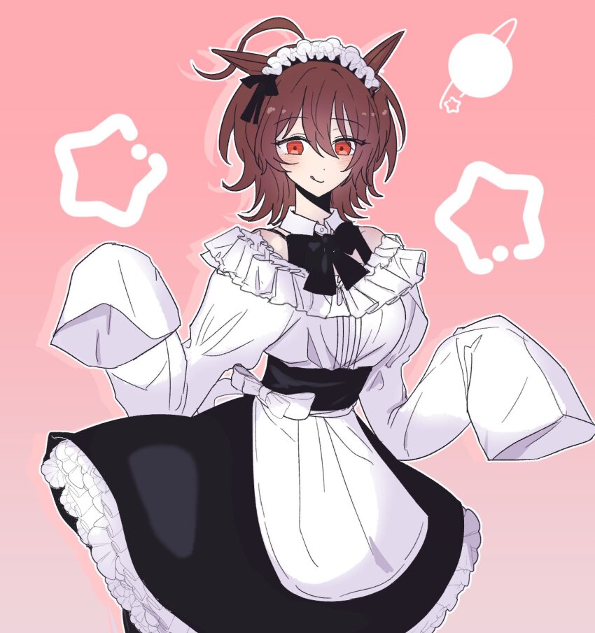 000_00_o 1girl agnes_tachyon_(umamusume) ahoge animal_ears apron black_ribbon blush bow brown_hair closed_mouth clothing_cutout collared_dress dress ear_ribbon hair_between_eyes hands_up highres horse_ears horse_girl huge_ahoge long_sleeves maid_headdress red_eyes ribbon saturn_symbol short_hair shoulder_cutout smile solo star_(symbol) umamusume waist_apron white_apron white_dress wolf_cut