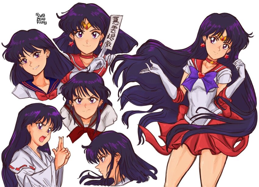 1girl bishoujo_senshi_sailor_moon black_hair blue_bow blue_bowtie bow bowtie brooch choker circlet collarbone commentary earrings elbow_gloves english_commentary floating_hair frown gloves heart heart_brooch hino_rei holding_ofuda inner_senshi japanese_clothes jewelry kimono long_hair looking_at_viewer looking_to_the_side magical_girl miko miniskirt multiple_views profile red_choker red_sailor_collar red_skirt sailor_collar sailor_mars sailor_senshi sailor_senshi_uniform school_uniform simple_background skirt smile star_(symbol) star_choker star_earrings subzerofrog ta_girls_school_uniform white_background white_gloves white_kimono