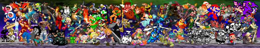 3d 6+boys 6+girls absolutely_everyone absurdres amamiya_ren animal_crossing annotated arms_(game) banjo-kazooie banjo_(banjo-kazooie) bayonetta bayonetta_(series) bayonetta_1 blonde_hair blue_dress blue_hair blue_pikmin blue_tunic bowser bowser_jr. buster_sword byleth_(fire_emblem) byleth_(male)_(fire_emblem) captain_falcon castlevania_(series) champion&#039;s_tunic_(zelda) charizard chrom_(fire_emblem) closed_eyes cloud_strife corrin_(fire_emblem) corrin_(male)_(fire_emblem) creatures_(company) crossed_arms crossover dark_pit dark_samus diddy_kong dog_(duck_hunt) donkey_kong donkey_kong_(series) donkey_kong_country doseisan dougi dr._mario dr._mario_(game) dragon_quest dragon_quest_xi dress duck_(duck_hunt) duck_hunt egg everyone f-zero falco_lombardi family_computer_robot fatal_fury final_fantasy final_fantasy_vii fire fire_emblem fire_emblem:_path_of_radiance fire_emblem:_shadow_dragon_and_the_blade_of_light fire_emblem:_three_houses fire_emblem_awakening fire_emblem_fates flying_kick fox_mccloud game_&amp;_watch game_freak gen_1_pokemon gen_2_pokemon gen_4_pokemon gen_6_pokemon gen_7_pokemon gorilla green_hair green_hat green_tunic greninja gun hat hero_(dq11) highres holding holding_gun holding_pickaxe holding_shield holding_sword holding_weapon hylian_shield ice_climber ike_(fire_emblem) incineroar incredibly_absurdres inkling_girl inkling_player_character isabelle_(animal_crossing) ivysaur jacket jigglypuff joker_(persona_5) kazooie_(banjo-kazooie) ken_masters keyblade kicking kid_icarus kid_icarus_(nes) kid_icarus_uprising king_dedede king_k._rool kingdom_hearts kirby kirby_(series) legendary_pokemon link little_mac long_image lucario lucas_(mother_3) lucina_(fire_emblem) luigi luigitko luma_(mario) mario mario_(series) marth_(fire_emblem) master_sword mega_man_(character) mega_man_(classic) mega_man_(series) meta_knight metal_gear_(series) metroid metroid:_zero_mission metroid_(classic) metroid_prime mewtwo mii_brawler_(smash_4) mii_gunner_(smash_4) mii_swordfighter_(smash_4) min_min_(arms) minecraft mishima_kazuya monkey morgana_(persona_5) mother_(series) mother_2 mother_3 mr._game_&amp;_watch multiple_boys multiple_girls mythra_(xenoblade) nana_(ice_climber) nessa_(pokemon) nintendo olimar open_mouth pac-man pac-man_(game) persona persona_5 pichu pickaxe pikachu pikmin_(series) piranha_plant pit_(kid_icarus) pixel_art pokemon popo_(ice_climber) princess_daisy princess_peach princess_zelda punch-out!! pyra_(xenoblade) red_(pokemon) red_hair red_jacket red_pikmin rehydrated_ganondorf retro_artstyle richter_belmont ridley robin_(fire_emblem) robin_(male)_(fire_emblem) rosalina roy_(fire_emblem) ryu_(street_fighter) salute samus_aran sephiroth sheik shield shulk_(xenoblade) simon_belmont solid_snake sonic_(series) sonic_the_hedgehog sora_(kingdom_hearts) splatoon_(series) splatoon_1 squirtle star_fox steve_(minecraft) street_fighter street_fighter_i super_mario_bros._1 super_mario_land_2 super_mario_world super_smash_bros. sword tekken terry_bogard the_king_of_fighters the_legend_of_zelda the_legend_of_zelda:_a_link_to_the_past the_legend_of_zelda:_breath_of_the_wild the_legend_of_zelda:_ocarina_of_time the_legend_of_zelda:_the_wind_waker toon_link tunic two-finger_salute uppercut villager_(animal_crossing) wario wario_land wario_land:_super_mario_land_3 warp_pipe weapon wide_image wii_fit wii_fit_trainer wii_fit_trainer_(female) wings wolf_o&#039;donnell xenoblade_chronicles_(series) xenoblade_chronicles_1 xenoblade_chronicles_2 yellow_pikmin yoshi young_link zero_suit