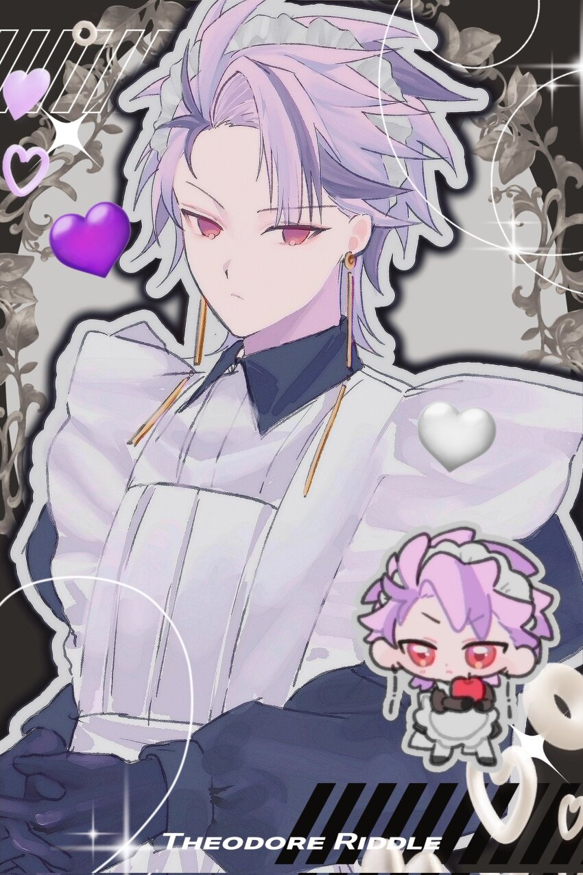 1boy alternate_costume apple apron bear_do black_dress character_name chibi closed_mouth collared_dress crossdressing dress earrings enmaided expressionless food fruit grey_outline hashtag-only_commentary heart highres jewelry long_sleeves maid maid_apron male_focus male_maid multicolored_hair multiple_views outline pink_hair purple_hair red_eyes saibou_shinkyoku short_hair theodore_riddle two-tone_hair upper_body white_apron