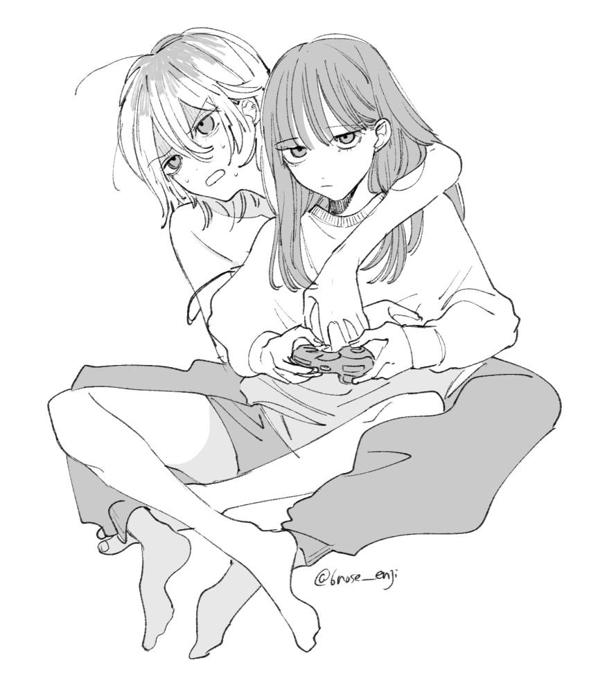 2girls 6noseenji arm_around_neck between_legs closed_mouth commentary_request controller game_controller greyscale highres holding holding_controller holding_game_controller hug hug_from_behind long_hair long_sleeves monochrome multiple_girls open_mouth original pants strap_slip sweat sweater textless_version twitter_username yuri