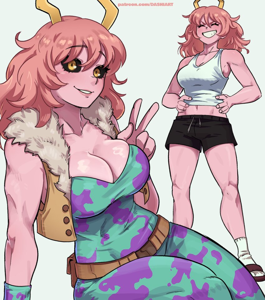 1girl absurdres alternate_hair_length alternate_hairstyle arm_support ashido_mina bare_arms bare_shoulders black_sclera boku_no_hero_academia breasts brown_jacket cleavage colored_sclera colored_skin cropped_jacket dashi_(dashiart) green_leotard grey_background highres jacket large_breasts leotard long_hair multiple_views navel orange_eyes pink_hair pink_leotard pink_skin shoes simple_background smile socks stomach teeth v watermark web_address