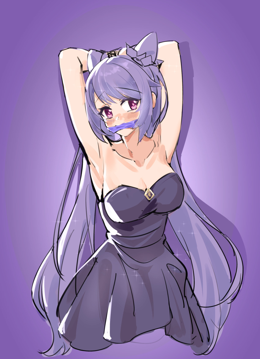 1girl absurdres armpits arms_behind_head arms_up breasts brooch cleavage cleave_gag cloth_gag collarbone cone_hair_bun dress drop_shadow gag gagged genshin_impact hair_bun highres improvised_gag jewelry keqing_(genshin_impact) keqing_(oneplus)_(genshin_impact) long_hair medium_breasts npcc official_alternate_costume purple_background purple_dress purple_eyes purple_hair solo strapless strapless_dress very_long_hair