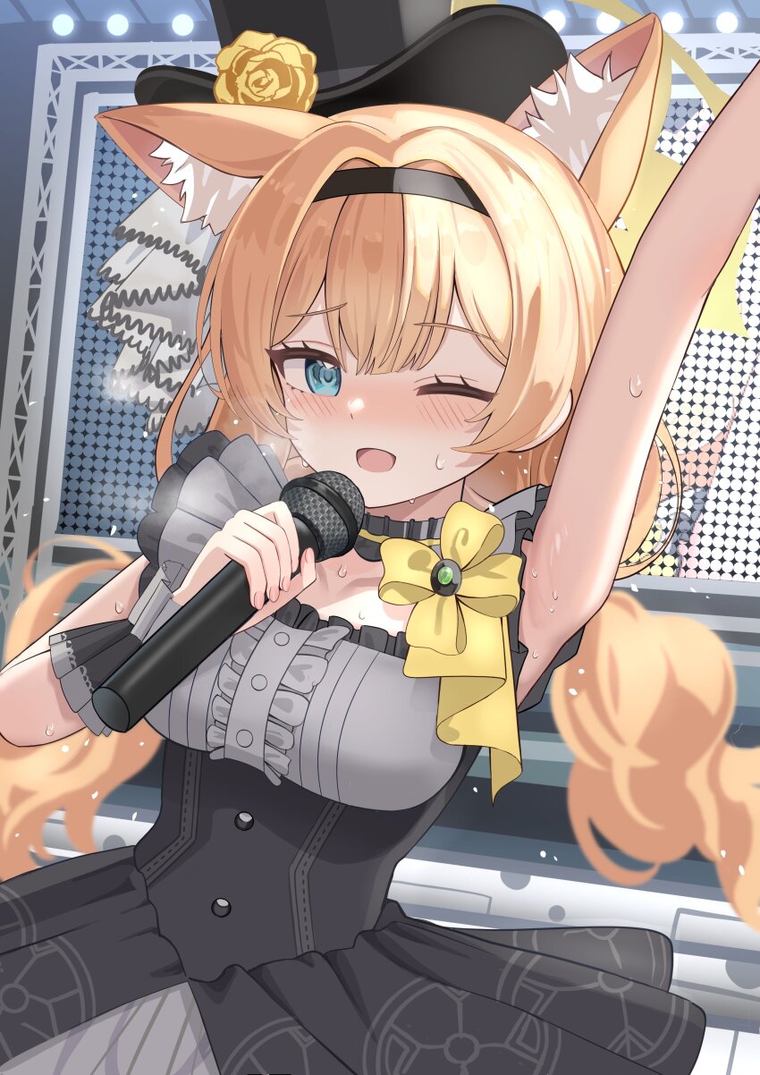 1girl absurdres animal_ear_fluff animal_ears aoraine arm_up bare_shoulders black_dress black_headband blue_archive blue_eyes blush breasts dress flower frilled_dress frills halo hat hat_flower headband highres holding holding_microphone idol idol_clothes looking_at_viewer mari_(blue_archive) mari_(idol)_(blue_archive) medium_breasts microphone official_alternate_costume official_alternate_hairstyle one_eye_closed orange_hair ribbon solo stage sweat top_hat twintails yellow_flower yellow_halo yellow_ribbon