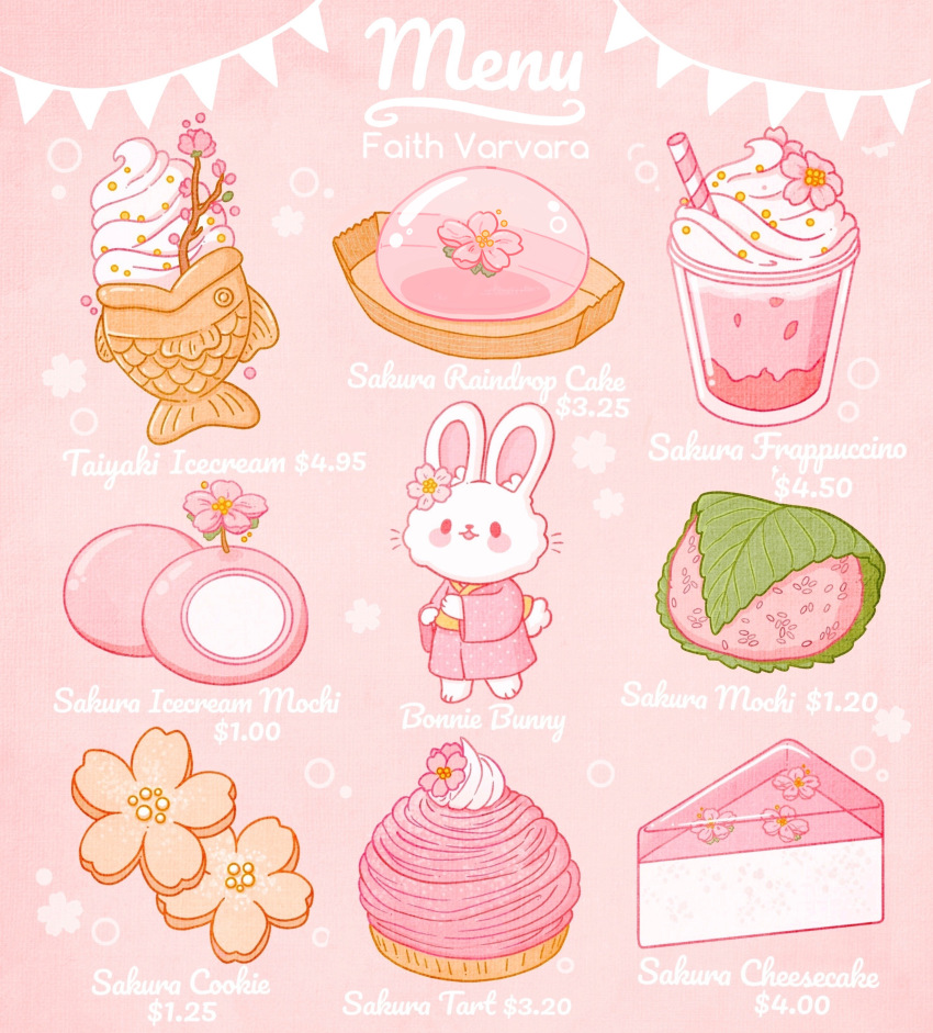 absurdres animal artist_name blush_stickers branch bubble cake cake_slice cheesecake cherry_blossoms clothed_animal commentary cookie cup dessert disposable_cup drinking_straw english_commentary english_text faith_varvara flower food food_focus frappuccino highres ice_cream japanese_clothes kimono leaf long_sleeves looking_at_viewer menu mochi no_humans open_mouth original petals pink_background pink_flower pink_kimono pink_theme polka_dot polka_dot_kimono price rabbit raindrop_cake red_eyes simple_background smile solid_oval_eyes taiyaki tart_(food) wagashi whipped_cream whiskers wide_sleeves yukata