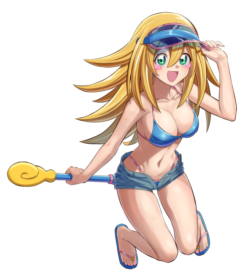 1girl absurdres bikini blonde_hair blue_bikini blue_footwear blue_hat blush_stickers breasts cleavage commission dark_magician_girl duel_monster flip-flops green_eyes hand_on_own_hat hat highres holding holding_wand medium_breasts nail_polish navel ogi_non sandals short_shorts shorts skeb_commission solo staff swimsuit visor_cap wand yu-gi-oh! yu-gi-oh!_duel_monsters