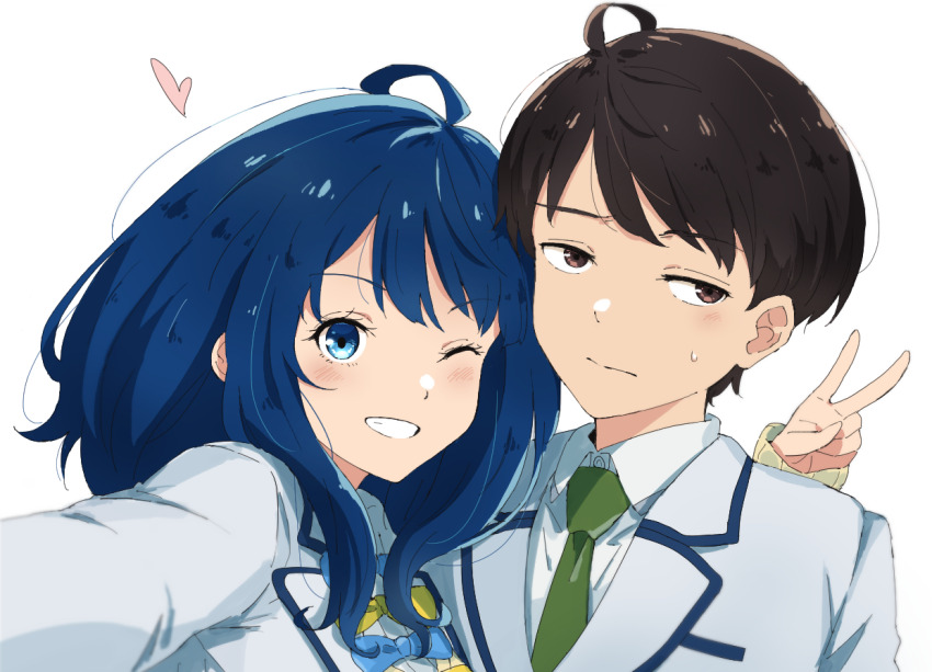 1boy 1girl ;) ahoge arm_around_shoulder averting_eyes black_hair blazer blue_bow blue_bowtie blue_eyes blue_hair bow bowtie brown_eyes collared_shirt commentary_request green_necktie grin jacket long_hair looking_at_viewer make_heroine_ga_oo_sugiru! necktie nukumizu_kazuhiko one_eye_closed pdbgat school_uniform shirt short_hair smile v white_background white_jacket white_shirt yanami_anna yellow_bow yellow_bowtie