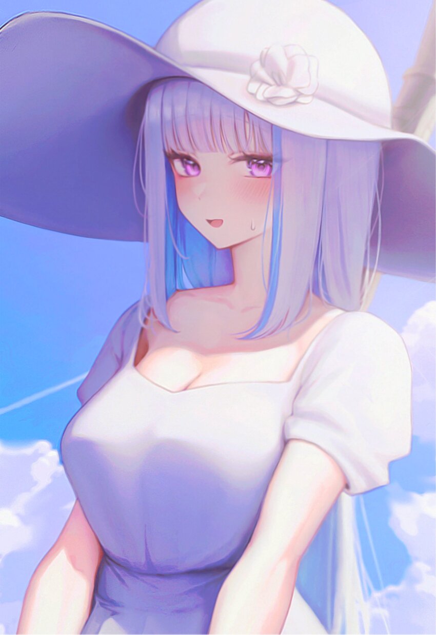 1girl blue_hair blue_sky blunt_bangs blush breasts cleavage cloud colored_inner_hair contrail dress hat highres large_breasts light_blue_hair lize_helesta long_hair looking_at_viewer multicolored_hair nijisanji oni0417 open_mouth puffy_short_sleeves puffy_sleeves purple_eyes short_sleeves sky solo streaked_hair sun_hat sundress sweatdrop two-tone_hair very_long_hair virtual_youtuber white_dress white_hair white_hat