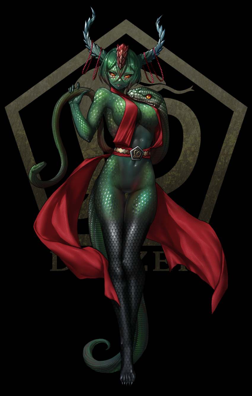 1girl animal barefoot belt belt_buckle black_background black_scales breasts buckle colored_sclera commentary eidenjyou1997 emblem english_commentary evil_smile full_body green_hair green_scales green_snake highres holding holding_animal holding_snake horn_ornament horns kamen_rider kamen_rider_stronger_(series) looking_at_viewer monster_girl multicolored_scales navel parted_lips red_belt red_sclera scales short_hair slit_pupils smile snake snake_girl snake_tail snake_woman_(kamen_rider_stronger) solo standing tail