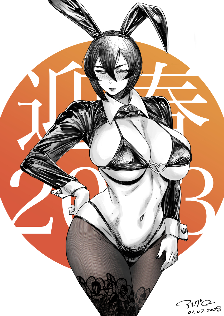 1girl 2023 absurdres animal_ears black_beat black_hair breasts chinese_zodiac cleavage dated fake_animal_ears female_focus hairband heart highleg highleg_panties highres jewelry large_breasts leotard meme_attire navel panties playboy_bunny rabbit_ears reverse_bunnysuit reverse_outfit ring shrug_(clothing) signature skindentation solo stomach thighhighs underboob underwear wedding_band wrist_cuffs year_of_the_rabbit