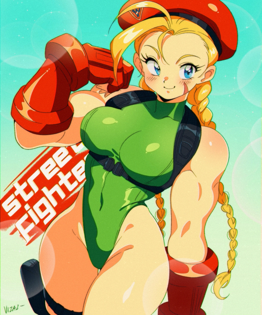 1girl absurdres aqua_background artist_name bare_shoulders beret blonde_hair blue_eyes blush braid breasts cammy_white closed_mouth commentary copyright_name covered_navel cowboy_shot facial_scar gloves green_leotard hat highres large_breasts leotard long_hair red_gloves red_hat scar scar_on_cheek scar_on_face smile solo street_fighter street_fighter_v thigh_strap vizaz