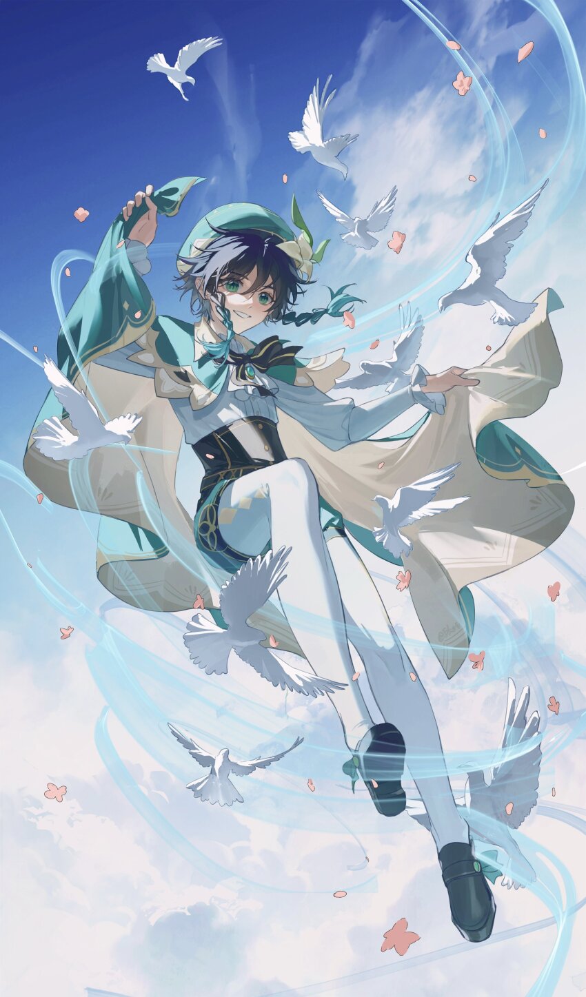 1boy above_clouds absurdres aqua_hair arm_up ascot beret bird black_bow black_bowtie black_footwear black_hair blue_sky bow bowtie braid brown_corset buttons cape cloud collared_cape corset day dove eksi_(kriixx) floating_hair flower frilled_sleeves frills gem genshin_impact gradient_hair green_cape green_eyes green_gemstone green_hat green_shorts grin hair_between_eyes hair_flower hair_ornament hashtag-only_commentary hat highres long_sleeves looking_at_viewer male_focus medium_hair multicolored_hair outdoors pantyhose petals pink_flower puffy_shorts shirt shoes short_shorts shorts side_braids sky smile solo twin_braids two-sided_cape two-sided_fabric venti_(genshin_impact) white_ascot white_flower white_pantyhose white_shirt wind