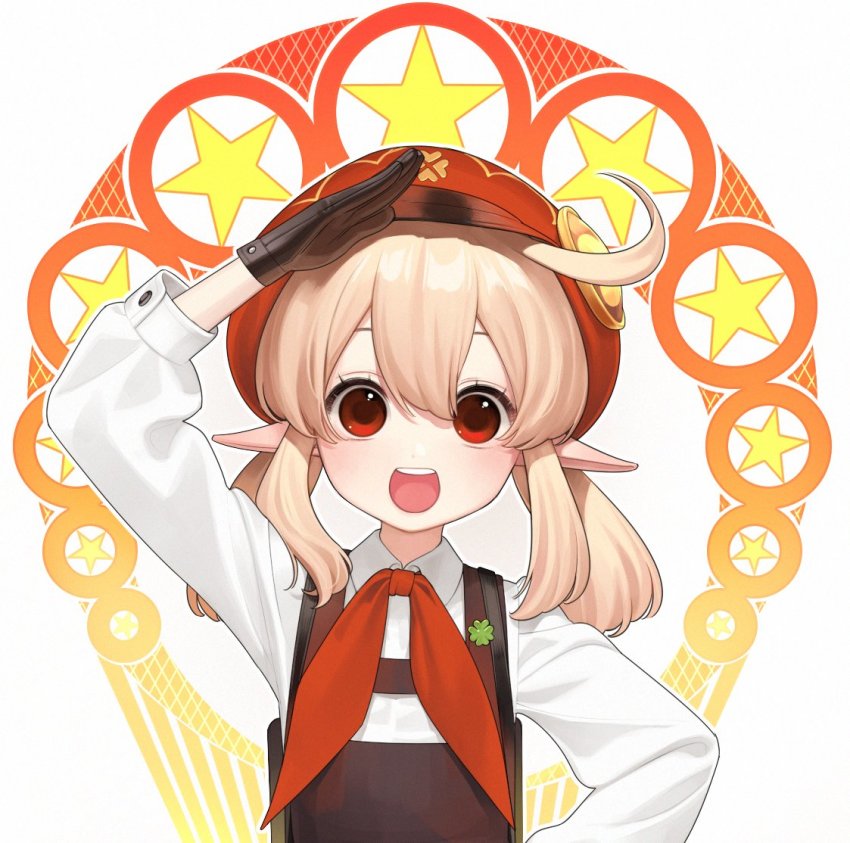 1girl abbystea alternate_costume blonde_hair brown_gloves cabbie_hat clover collared_shirt communism cowlick four-leaf_clover genshin_impact gloves hair_between_eyes hat klee_(genshin_impact) long_sleeves low_twintails medium_hair neckerchief overalls pioneer_neckerchief pointy_ears red_eyes red_hat red_neckerchief russian_commentary salute shirt sidelocks solo soviet_pioneer star_(symbol) twintails upper_body white_background white_shirt