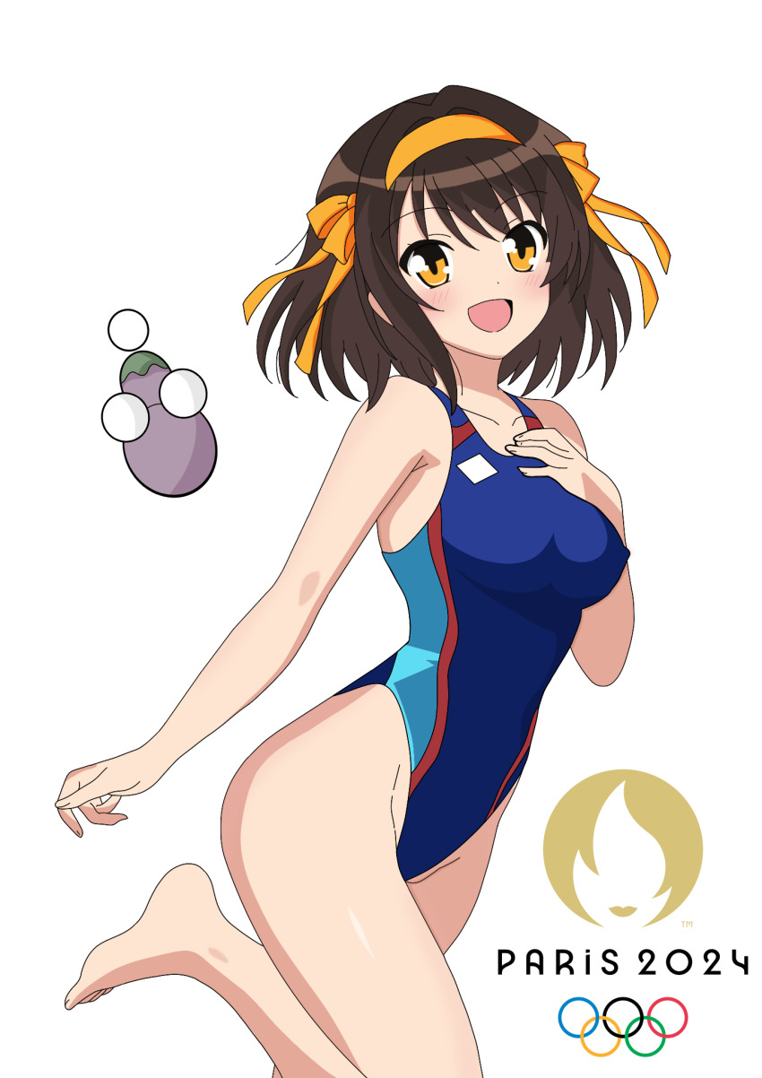 1girl 2024_summer_olympics black_hair blue_one-piece_swimsuit commentary competition_swimsuit eggplant english_commentary hair_ribbon hairband hand_on_own_chest highleg highleg_one-piece_swimsuit highres logo multicolored_clothes multicolored_swimsuit olympics one-piece_swimsuit orange_eyes orange_hairband ribbon short_hair simple_background suzumiya_haruhi suzumiya_haruhi_no_yuuutsu swimsuit white_background yuiyu_ki