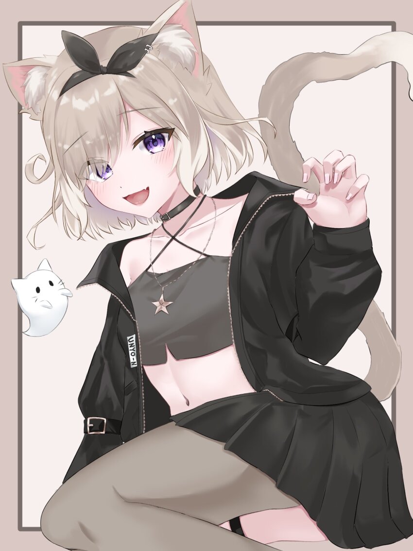 1girl :d animal_ear_fluff animal_ears black_hairband black_jacket black_skirt cat_ears cat_girl cat_tail claw_pose colored_tips crop_top fang grey_pantyhose hairband highres jacket light_brown_hair long_sleeves looking_at_viewer midriff multicolored_hair navel neo-porte open_clothes open_jacket open_mouth pantyhose purple_eyes short_hair single_leg_pantyhose skin_fang skirt smile stomach tail two-tone_hair virtual_youtuber white_hair yozuna_niu yumesaki_mio