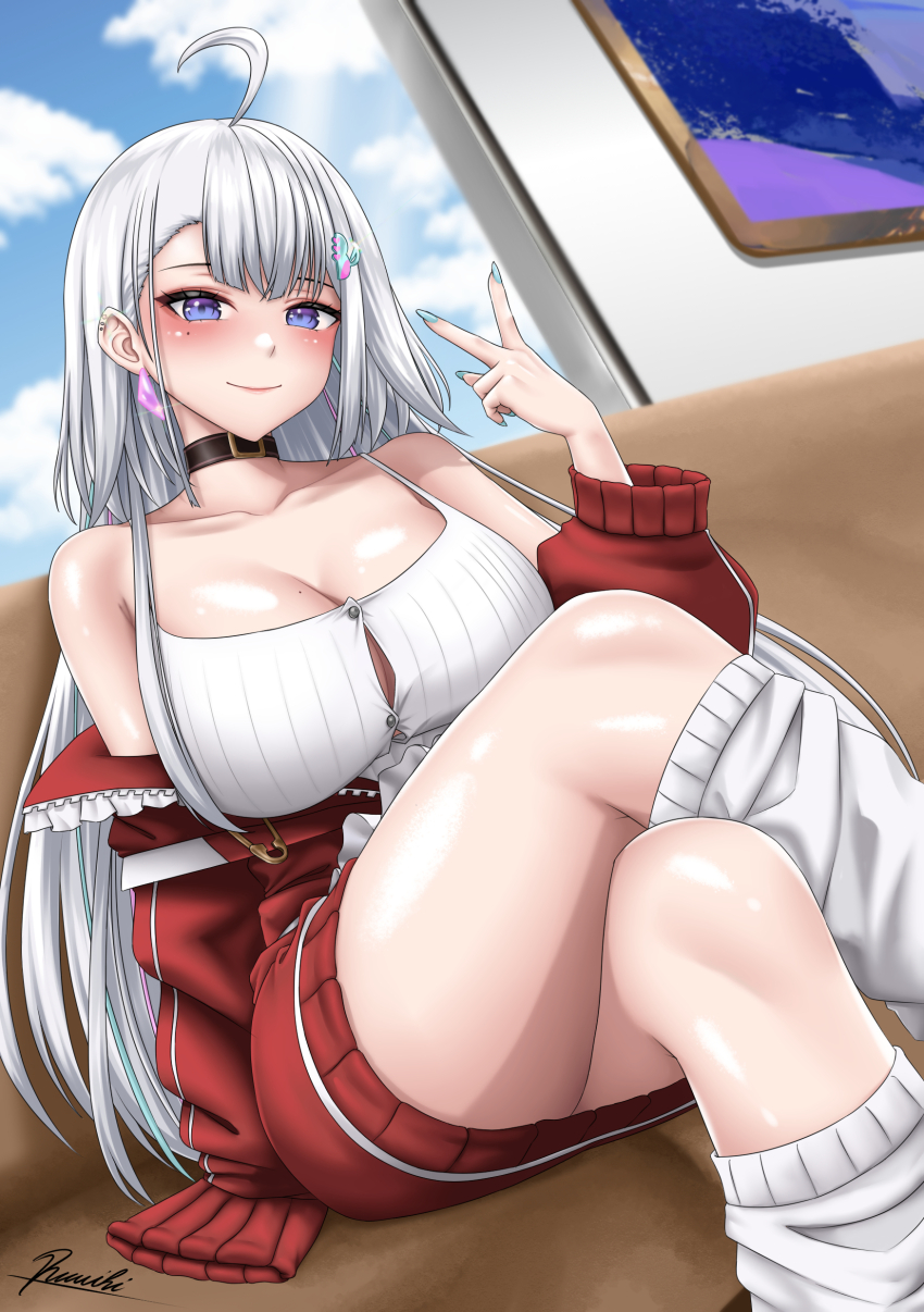 1girl absurdres ahoge blue_eyes breasts cleavage commission dutch_angle ember_amane highres huge_breasts indoors jacket looking_at_viewer mole mole_under_eye phase_connect pixiv_commission ramiki_(ramesgoag) red_jacket sitting smile solo thighs v virtual_youtuber white_hair