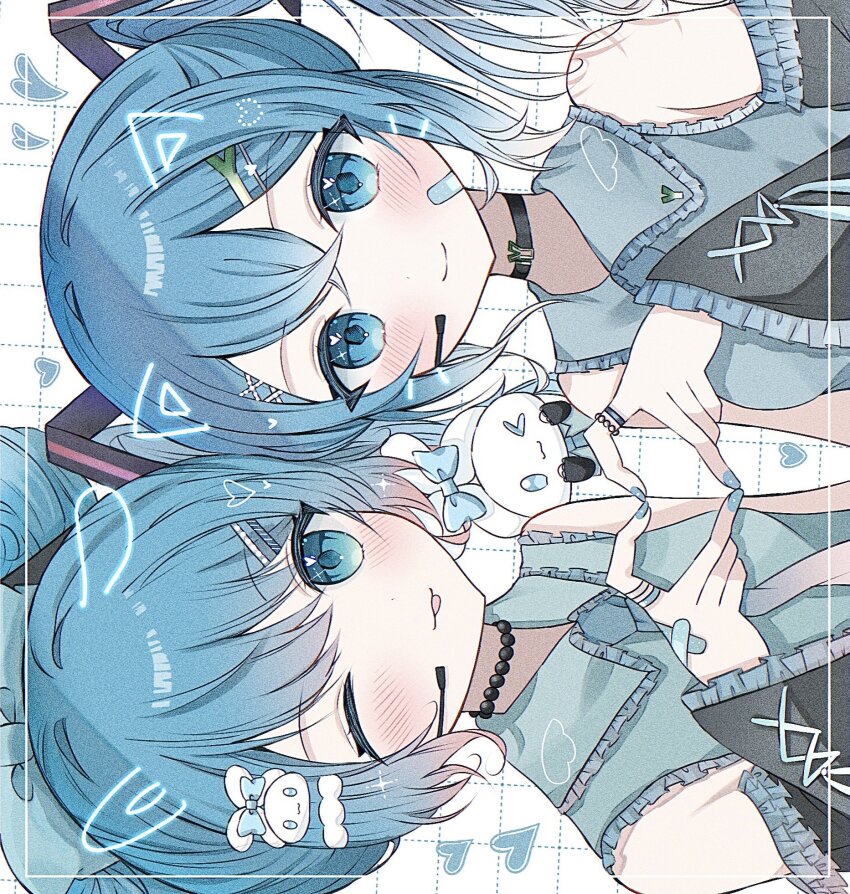 2girls ;d aqua_eyes aqua_hair aqua_nails bead_necklace beads black_choker blush bow choker cinnamiku cinnamoroll drawn_ears dual_persona ear_bow exif_rotation food-themed_hair_ornament fuwa_fuwa_cinnamoroll hair_ornament hairclip hashtag-only_commentary hatsune_miku headset heart heart_hands heart_hands_duo highres inset_border intoru_4 jewelry multiple_girls nail_polish necklace one_eye_closed open_mouth sanrio shirt sleeveless sleeveless_shirt smile spring_onion_hair_ornament tongue tongue_out updo upper_body vocaloid