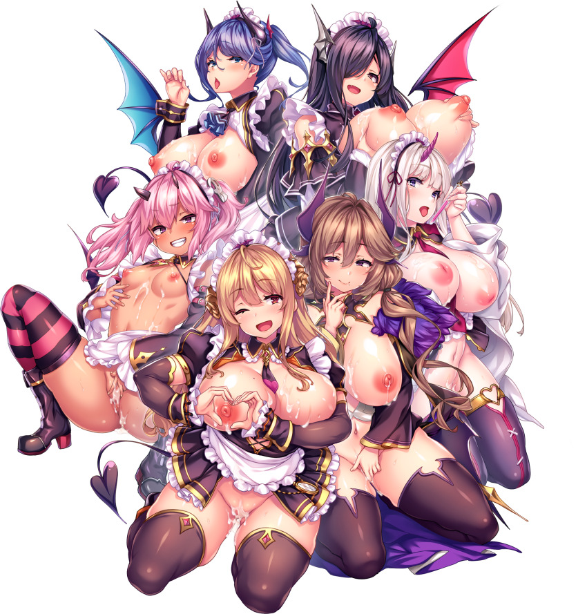 6+girls apron ascot black_hair black_thighhighs blonde_hair blue_eyes blue_hair blush boku_ga_incubus_ni_naru_tame_ni_kyou_kara_succubus_to_lesson_shimasu_2 boots breasts brown_hair charlotte_(boku_ga_incubus_ni_naru_tame_ni_kyou_kara_succubus_to_lesson_shimasu) clothed_masturbation cum cum_in_pussy cum_on_body cum_on_breasts cum_on_upper_body dark-skinned_female dark_skin demon_girl demon_horns demon_tail demon_wings detached_sleeves fang fellatio_gesture fingering fran_(boku_ga_incubus_ni_naru_tame_ni_kyou_kara_succubus_to_lesson_shimasu) grabbing_own_breast grin hair_ornament heart heart_hands heart_o-ring high_heels highres horns huge_breasts inverted_nipples lana_(boku_ga_incubus_ni_naru_tame_ni_kyou_kara_succubus_to_lesson_shimasu) large_breasts long_hair looking_at_viewer maid_headdress masturbation medium_breasts mole mole_on_breast multiple_girls naughty_face navel necktie nipples non-web_source official_art one_eye_closed open_mouth oral_invitation orange_eyes palmier_(boku_ga_incubus_ni_naru_tame_ni_kyou_kara_succubus_to_lesson_shimasu) photoshop_(medium) pink_eyes pink_hair ponytail purple_eyes rea_(boku_ga_incubus_ni_naru_tame_ni_kyou_kara_succubus_to_lesson_shimasu) selam_(boku_ga_incubus_ni_naru_tame_ni_kyou_kara_succubus_to_lesson_shimasu) sexually_suggestive shiokonbu short_necktie single_horn skull_hair_ornament smile striped_clothes striped_thighhighs tail thighhighs tongue tongue_out transparent_background twintails waist_apron white_apron white_hair wings