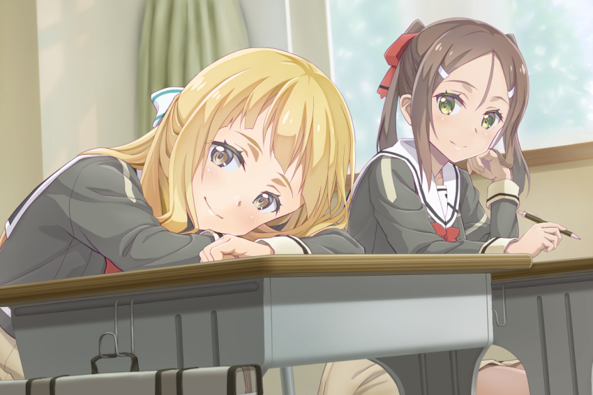 10s 2girls blonde_hair blush bow briefcase brown_eyes brown_hair classroom closed_mouth curtains day desk dutch_angle green_eyes hair_bow hair_ornament hairclip half_updo head_tilt holding holding_pencil indoors long_hair long_sleeves looking_at_another looking_at_viewer mechanical_pencil miyoshi_karin multiple_girls nogi_sonoko okutagon parted_bangs parted_lips pencil red_bow school school_briefcase school_desk school_uniform serafuku sitting smile striped striped_bow twintails white_bow window yuuki_yuuna_wa_yuusha_de_aru yuusha_de_aru