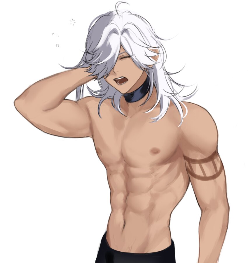 1boy absurdres arm_tattoo black_pants closed_eyes commentary_request cyno_(genshin_impact) dark-skinned_male dark_skin genshin_impact grey_hair hair_over_one_eye highres korean_commentary long_hair male_focus navel nipples open_mouth pants ra_gi_ren solo stomach tattoo topless_male white_hair