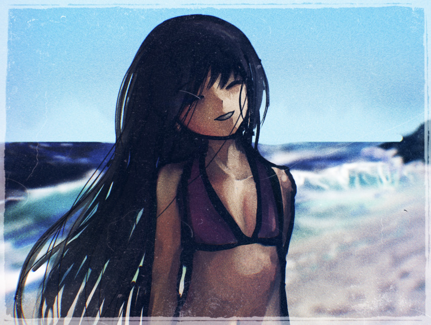 beach bikini black_hair blue_sky closed_eyes highres kitanai_kimi_ga_ichiban_kawaii mydnam.art purple_bikini sezaki_airi sky smile smile_with_eyes_closed swimsuit teeth water