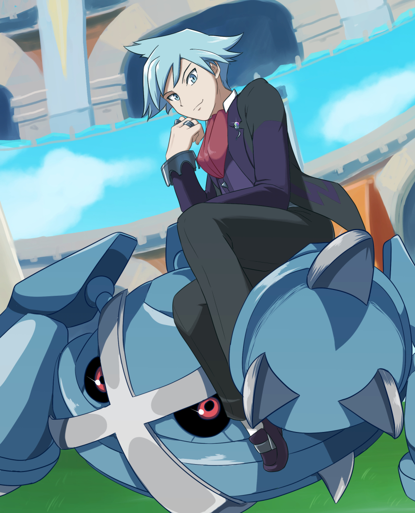 1boy ascot black_footwear black_jacket black_pants black_sclera blue_eyes blue_hair colored_sclera creature creatures_(company) enohito game_freak gen_3_pokemon highres jacket jewelry male_focus mega_stone metagross nintendo pants pokemon pokemon_(creature) pokemon_oras red_ascot red_eyes riding ring smirk socks steven_stone white_socks