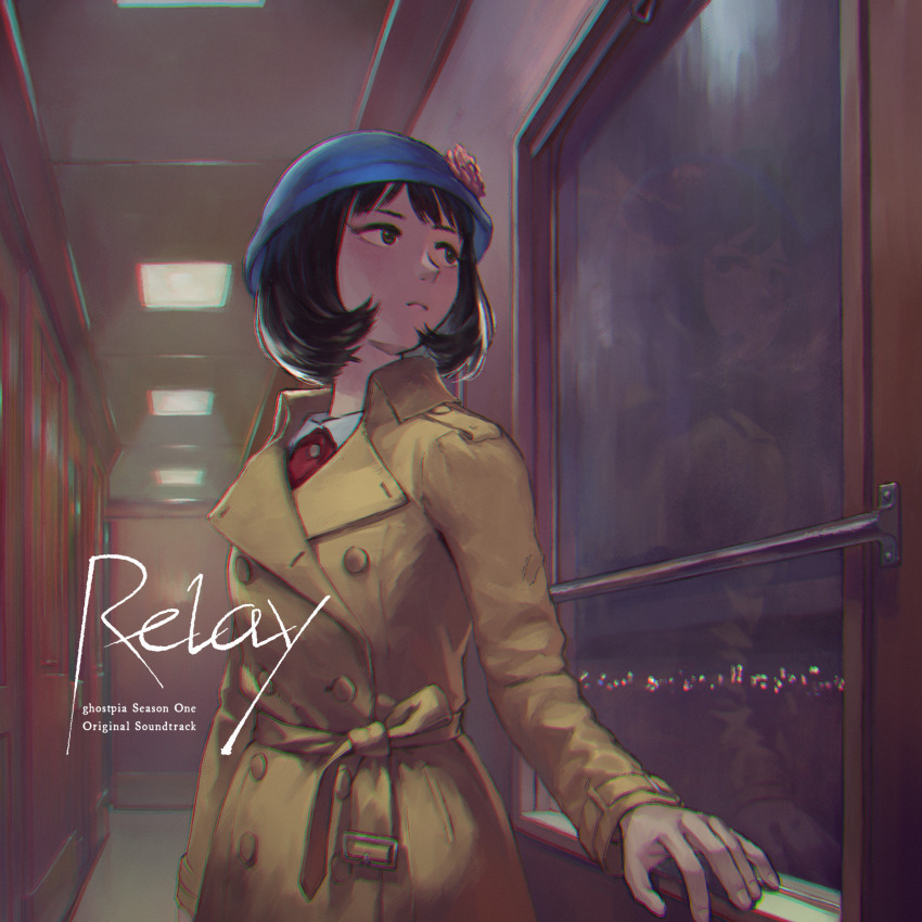 1girl absurdres album_cover arm_at_side black_hair blue_hat bob_cut city_lights closed_mouth coat cover cowboy_shot flower ghostpia hat hat_flower highres looking_to_the_side official_art reflection sayoko_(ghostpia) short_hair solo train train_interior yamamoto_suzume