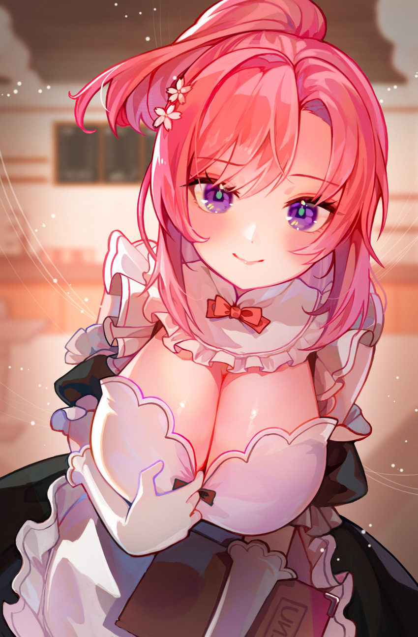 absurdres blush breasts cafe cleavage flower hair_flower hair_ornament hand_on_own_chest happyongdal highres kazamatsuri_oka looking_at_viewer maid menu moe!_ninja_girls moe!_ninja_girls_rpg ntt_solmare pink_hair purple_eyes solo