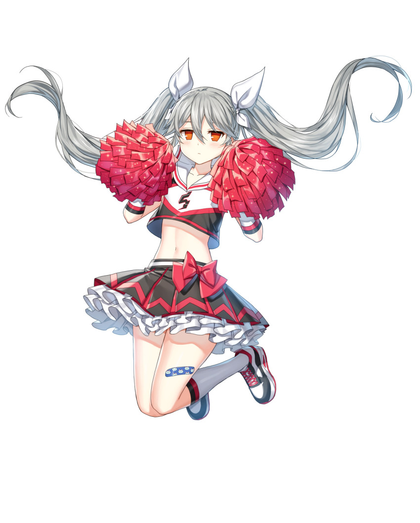 1girl artist_request bandaid black_shirt black_skirt cheerleader closed_mouth closers collarbone crop_top crop_top_overhang expressionless flat_chest floating_hair frilled_skirt frills grey_hair hair_ribbon highres holding jitome kneehighs legs_up long_hair looking_at_viewer midriff miniskirt navel official_art orange_eyes pleated_skirt pom_pom_(cheerleading) ribbon sailor_collar shirt shoes simple_background skirt sleeveless sleeveless_shirt sneakers socks solo stomach thighs tina_(closers) twintails very_long_hair white_background white_socks