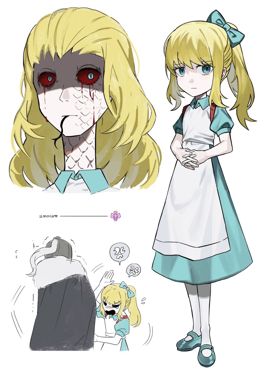 2boys absurdres anger_vein angry apron aqua_bow aqua_dress aqua_eyes aqua_footwear arm_up asdf1211950 black_souls black_souls_2 blonde_hair blood bloody_tears bow cape cloak closed_mouth collared_dress colored_sclera cosplay crossdressing dated dress expressionless flying_sweatdrops forked_tongue full_body fur-trimmed_cape fur_trim grey_cape grimm_(black_souls) hair_bow hair_slicked_back helm helmet high_ponytail highres interlocked_fingers long_hair mary_janes multiple_boys multiple_views open_mouth own_hands_clasped own_hands_together pantyhose ponytail puffy_short_sleeves puffy_sleeves red_sclera reptile_boy scales serpent_god_(black_souls) shaded_face shoes short_sleeves simple_background slit_pupils spoken_anger_vein standing tongue trap trembling white_apron white_background white_pantyhose