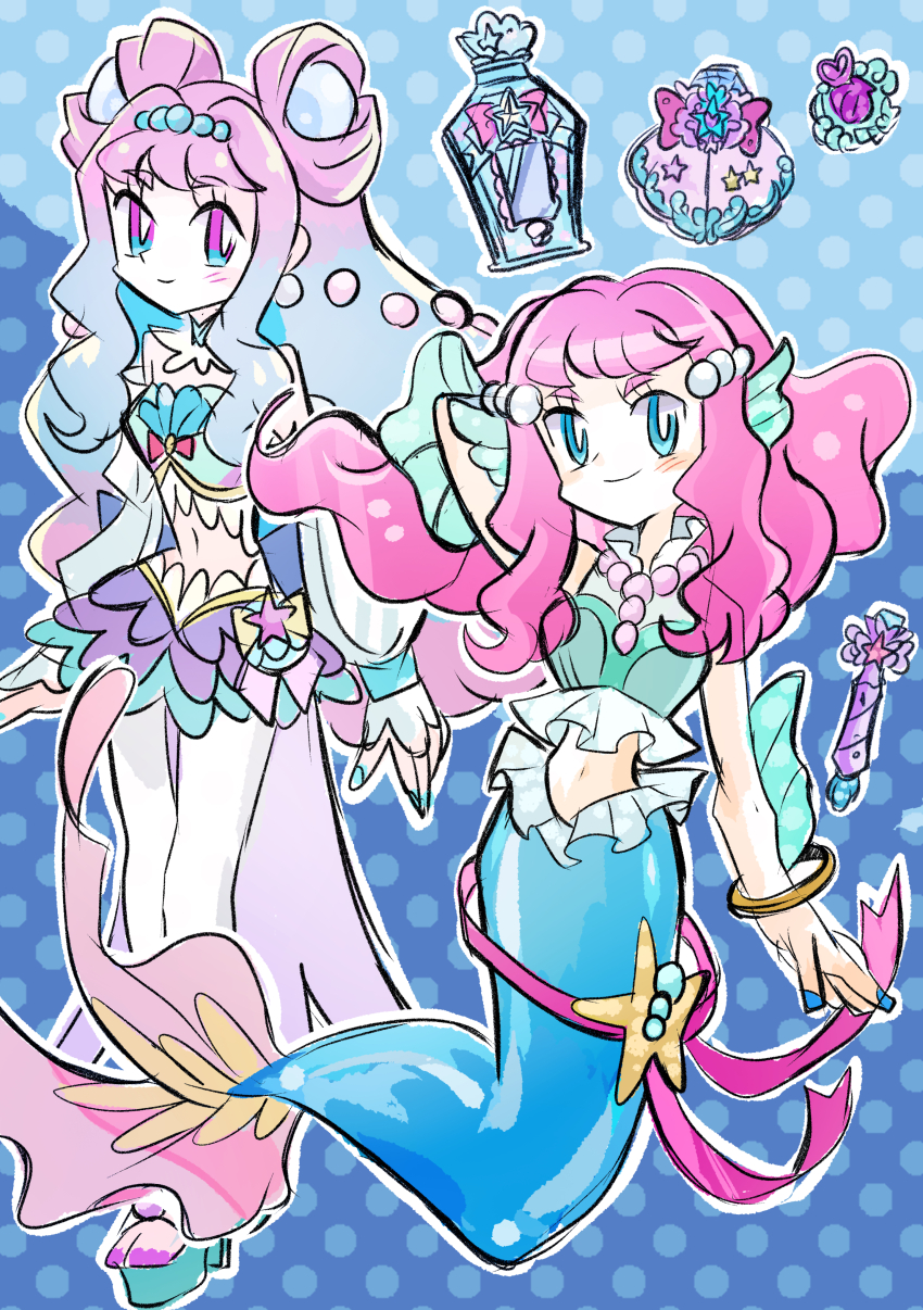 absurdres blue_eyes cure_la_mer high_heels highres laura_la_mer laura_la_mer_(mermaid) mermaid mermaid_aqua_pot monster_girl navel pearl_hair_ornament pink_hair precure rakugaki_shitagari-ya smile tropical-rouge!_precure wand