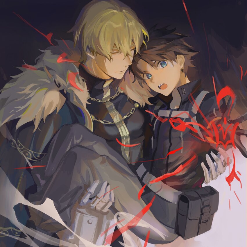 absurdres belt_pouch black_hair blonde_hair blue_eyes cape carrying carrying_person casting_spell chaldea_logo chaldea_uniform closed_eyes collared_cape command_spell fate/grand_order fate_(series) fujimaru_ritsuka_(male) fur-trimmed_cape fur_trim gauntlets gawain_(fate) hair_between_eyes highres male_focus pouch princess_carry short_hair yoru_yoru13