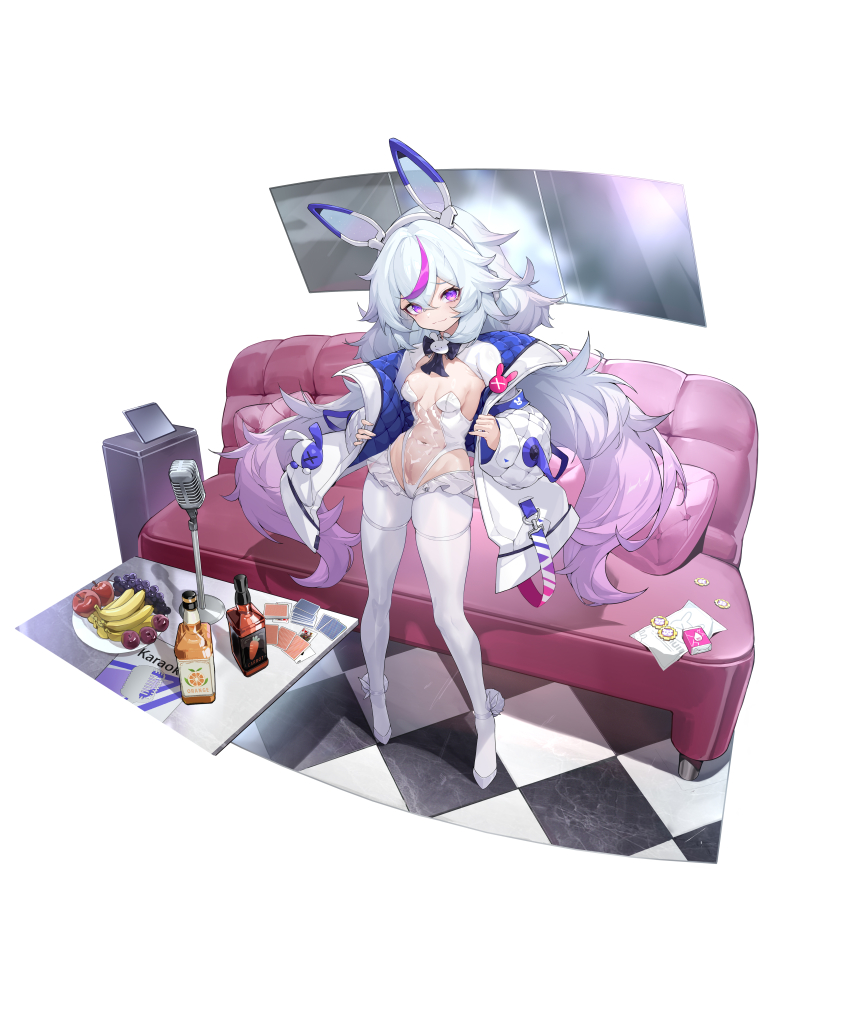 1girl absurdres animal_ears apple banana benghuai_xueyuan bottle breasts card commentary couch fake_animal_ears food fruit full_body gradient_hair grapes hairband highres holding holding_tray honkai_(series) jacket karaoke leotard logo long_hair looking_at_viewer mechanical_ears microphone multicolored_hair navel official_art open_clothes open_jacket pantyhose playing_card purple_eyes purple_hair rabbit_ears see-through_clothes see-through_leotard shadow shanyao_jiang_tororo shrug_(clothing) simple_background small_breasts solo standing strapless strapless_leotard streaked_hair tiara_starlumos tray twintails very_long_hair white_background white_hair white_jacket white_pantyhose white_shrug wine_bottle