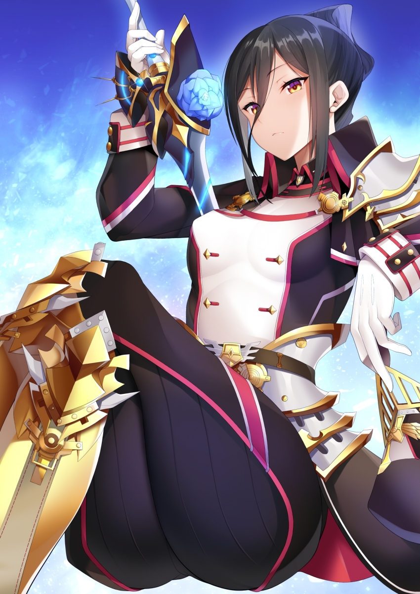 1girl black_hair breasts brown_eyes commentary_request daive folded_hair gloves hat highres holding holding_hat holding_sword holding_unworn_clothes holding_weapon invisible_chair leg_armor long_hair looking_at_viewer military military_uniform morag_ladair_(xenoblade) short_hair sidelocks simple_background sitting solo sword weapon white_gloves xenoblade_chronicles_(series) xenoblade_chronicles_2