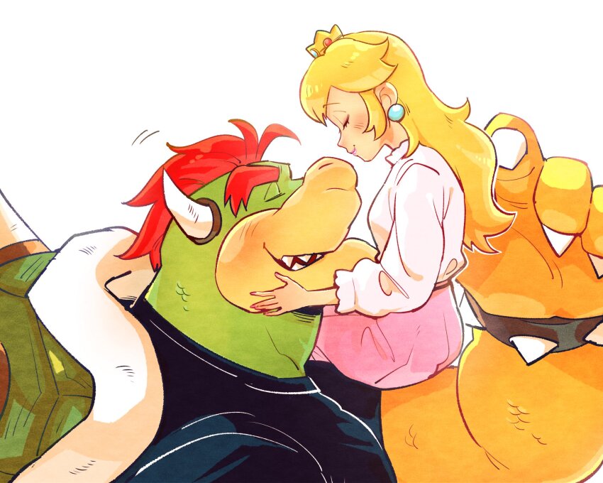 1boy 1girl black_shirt blonde_hair bowser bracelet carrying carrying_person claws closed_eyes crown dress earrings furry furry_male hand_on_another&#039;s_face highres horns jewelry long_hair long_sleeves mario_(series) monster monster_boy muscular muscular_male nintendo pink_skirt princess princess_peach red_hair reptile_boy sharp_teeth shell shirt sitting sitting_on_arm size_difference skirt smile spiked_bracelet spiked_shell spikes teeth turtle turtle_shell white_background white_shirt yowasabimechaoc