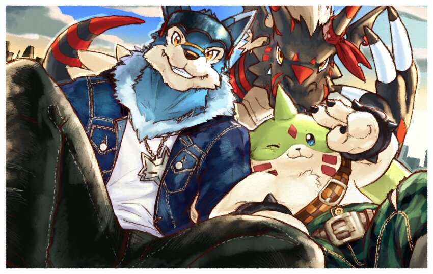 blackgrowmon blue_eyes casual chain chain_necklace digimon digimon_(creature) galgomon jewelry looking_at_viewer machgaogamon necklace one_eye_closed only_jerry smile wink