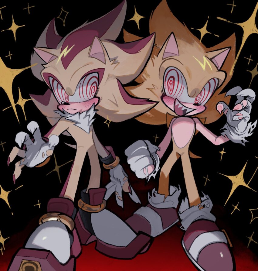 2boys @_@ animal_ears animal_nose black_background blush claws closed_mouth commentary fleetway_super_sonic full_body furry furry_male gloves highres looking_at_another male_focus multiple_boys open_mouth red_footwear shadow shadow_the_hedgehog shoes smile sonic_(series) sonic_the_comic sonic_the_hedgehog sparkle standing super_shadow super_sonic symbol-only_commentary tail torn_clothes torn_gloves white_gloves xxxxx0099e