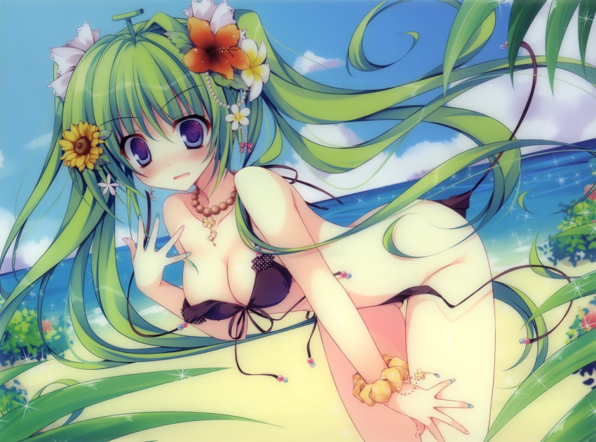 1girl :d beach bent_over bikini black_bikini blue_eyes blue_sky blush breasts cleavage cloud day female_focus fingernails flower front-tie_bikini_top front-tie_top full-face_blush green_hair hair_flower hair_ornament hibiscus highres horizon jewelry long_hair looking_at_viewer medium_breasts melon-chan melonbooks nail_polish nanaroba_hana necklace open_mouth outdoors scan side-tie_bikini_bottom sky smile solo string_bikini sunflower swimsuit thigh_gap twintails untied very_long_hair wardrobe_malfunction