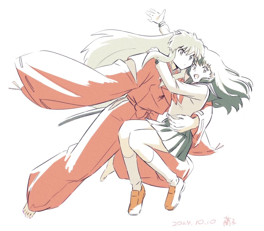 1boy 1girl :d animal_ears arm_around_waist barefoot black_hair brown_footwear closed_mouth dated dog_ears full_body green_skirt highres higurashi_kagome inuyasha inuyasha_(character) japanese_clothes kimono long_hair long_sleeves looking_at_viewer neckerchief oooranje_nlj open_mouth pleated_skirt red_kimono red_neckerchief school_uniform sheath shirt shoes skirt smile white_background white_hair white_shirt wide_sleeves