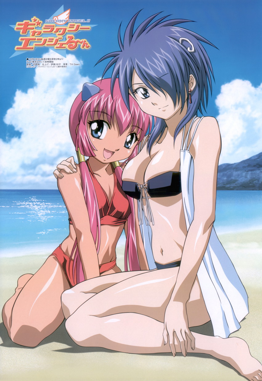 00s 2girls absurdres anise_azeat barefoot bikini blue_hair breasts broccoli_(company) cleavage day earrings front-tie_top galaxy_angel galaxy_angel_rune hair_ornament hair_over_one_eye hairclip highres hug ishino_satoshi jewelry lily_c._sherbet magazine_scan medium_breasts megami_magazine multiple_girls ocean outdoors pink_hair red_hair scan smile swimsuit tan twintails